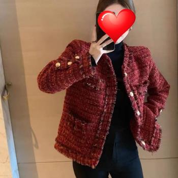 小香風2024初秋顯瘦小個子粗花港味百搭短外套加厚洋氣紅色西裝女