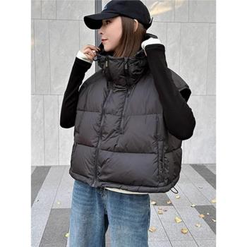 羽絨馬甲背心女秋冬2024新款連帽白鴨絨外穿雙拉鏈短款馬夾外套女
