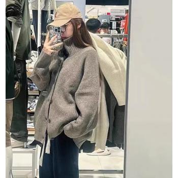 立領灰色高階毛衣外套女2024年秋冬新款寬松慵懶復古加厚針織開衫