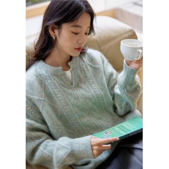 溫柔風麻花套頭毛衣女秋冬復古寬松慵懶感綠色軟糯羊絨針織衫上衣