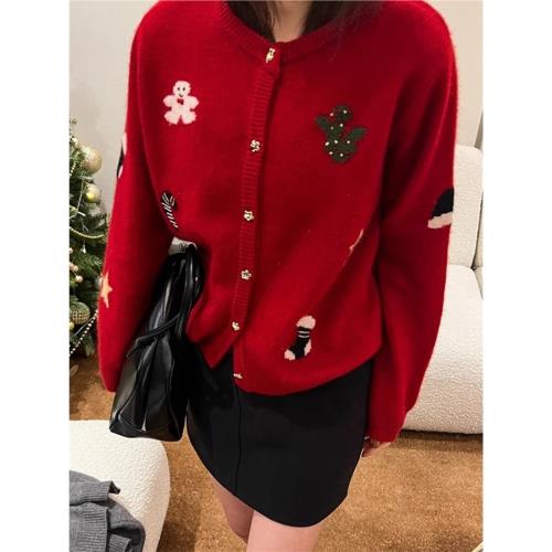 秋冬氛圍感圣誕小雪人紅色軟糯羊絨開衫圓領單排扣針織毛衣外套女
