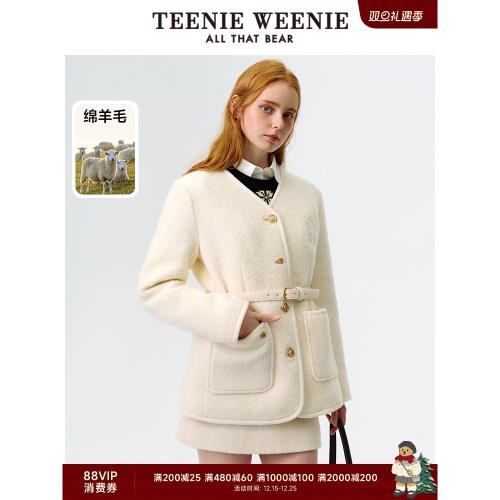 TeenieWeenie小熊女裝法式毛呢大衣冬季夾棉V領基礎款外套
