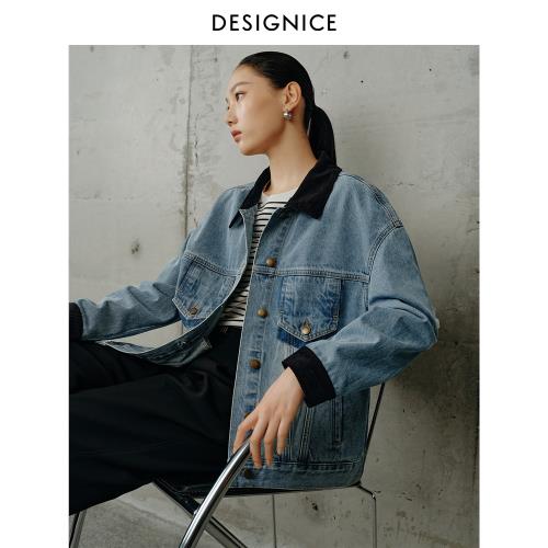 迪賽尼斯純棉短款復古短外套2025秋新款時尚翻領藍色牛仔外套女