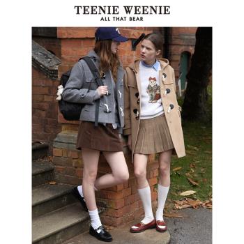 TeenieWeenie小熊牛角扣休閑短款毛呢大衣綿羊毛混紡連帽外套女裝