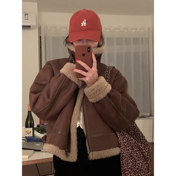 美拉德皮毛一體羊羔毛外套女2023冬季新款高階感短款加厚機車服女