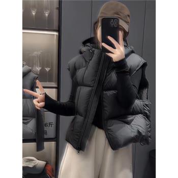 羽絨輕柔泡芙蓬鬆連帽羽絨服馬甲外套女秋冬保暖時尚百搭坎肩上衣