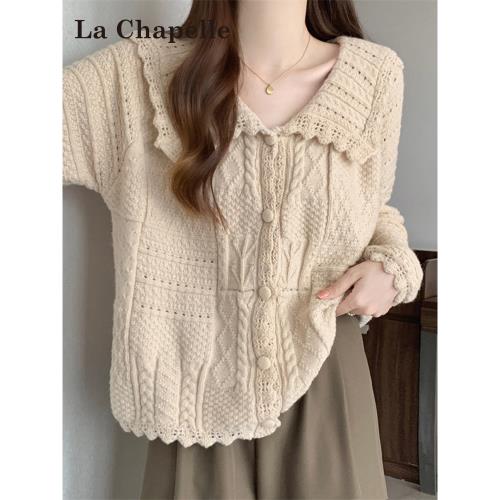 拉夏貝爾韓系開衫針織衫毛衣女2025新款春秋慵懶風娃娃領外套上衣