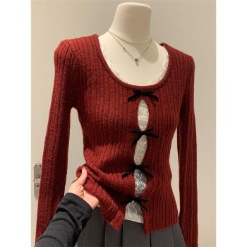 紅色蝴蝶結蕾絲內搭打底針織衫上衣女秋冬季疊穿假兩件低圓領長袖