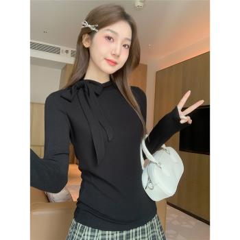 辣妹黑色磨毛加厚針織衫長袖女秋冬蝴蝶結綁帶修身顯瘦打底衫上衣