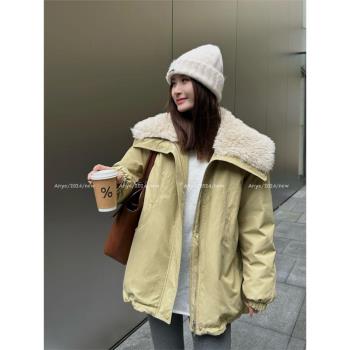 羊羔毛大翻領羽絨服女2024冬白鴨絨韓系減齡派克服長款外套99118