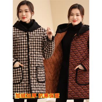 冬季中長款加絨保暖時尚罩衣中老年連帽韓版棉服衣媽媽裝外套上衣