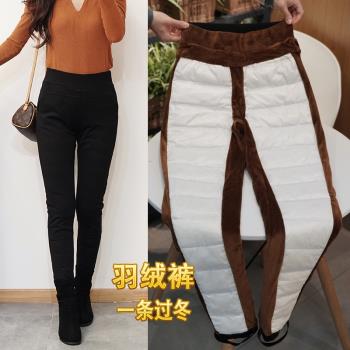 加厚高腰雙面緊身純黑色羽絨褲