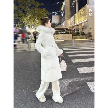 亮面大毛領羽絨服女2024年新款冬中長款氣質白色小個子保暖外套潮