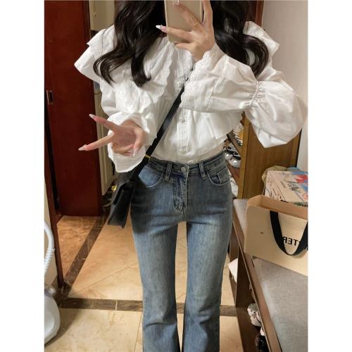 初春穿搭別致漂亮襯衫法式高級感小眾純色荷葉邊寬松娃娃領上衣女