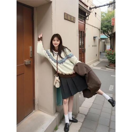 復古慵懶風費爾島軟糯毛衣女早秋古著vintage上衣加厚針織打底衫