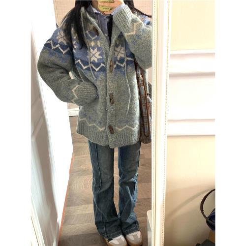 秋冬牛角扣費爾島復古毛衣外套女加厚連帽針織開衫慵懶寬松上衣潮