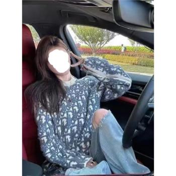 秋冬情侶復古老花滿印提花字母圓領拉鏈長袖毛衣女休閑寬松針織衫