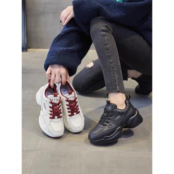 真皮黑色顯腳小老爹鞋女2025春季新款網紅百搭爆款輕便休閑運動鞋