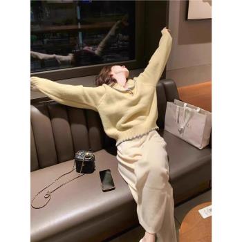 牛角扣翻領毛衣女秋冬2024新款設計感撞色寬松軟糯加厚針織衫上衣