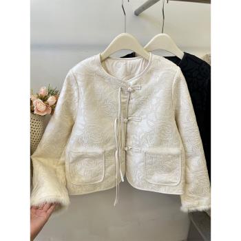韓系毛毛拼接新中式盤扣提花小香風羽絨服女2024冬季白鴨絨外套潮