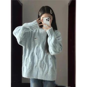 韓系麻花圓領毛衣女秋冬季奶fufu寬松外穿慵懶風軟糯加厚針織上衣