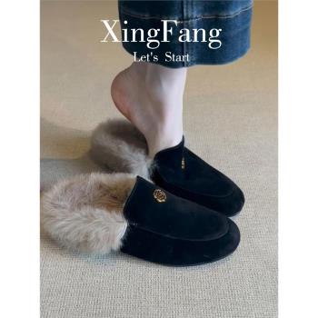 牛皮版~厚底復古包頭半拖鞋女外穿秋冬圓頭新款毛毛鞋加絨穆勒鞋