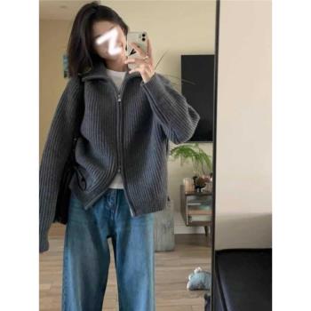 復古灰色翻領針織毛衣開衫外套女秋冬季寬松慵懶風外穿雙拉鏈高領