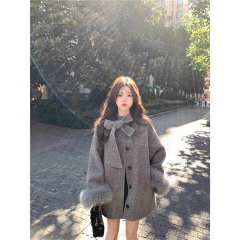 蝴蝶結雙面毛呢外套女秋冬韓系高階感加厚保暖超好看呢子斗篷大衣
