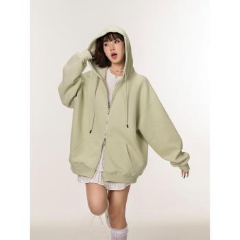 復古美拉德連帽衛衣女春秋2025新款純色潮牌長袖上衣寬松開衫外套