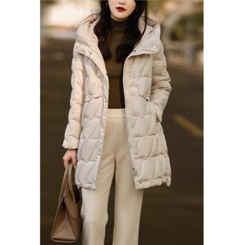 2024年新款收腰顯瘦洋氣加厚羽絨服女中長款連帽系帶修身保暖外套