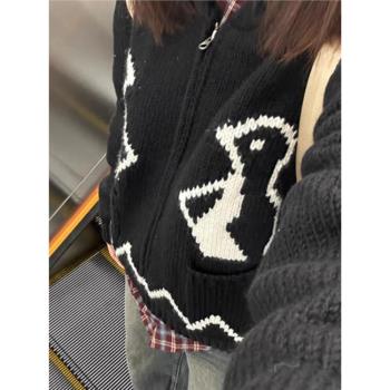提花企鵝學院風連帽針織毛衣外套開衫女早春秋季新款韓系慵懶上衣