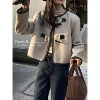 氣質呢子外套女2023秋冬小個子短款牛角扣減齡撞色百搭雙面呢大衣