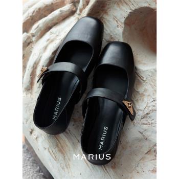 MARIUS｜精緻千金小牛皮金屬扣袢平底瑪麗珍黑色小皮鞋
