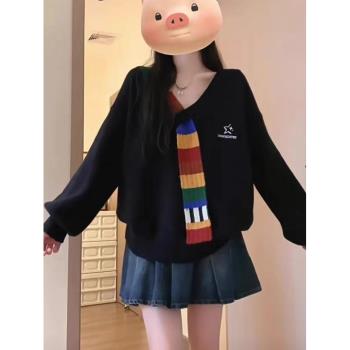 慵懶學院風彩虹黑色寬松軟糯毛衣