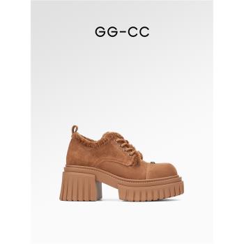 GGCC冬季新款英倫風厚底增高加絨圓頭樂福鞋保暖毛毛棉鞋真皮女鞋