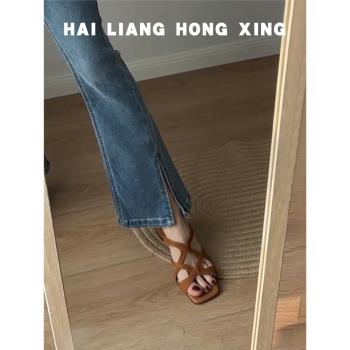 羊皮復古露趾法式交叉帶粗跟涼鞋