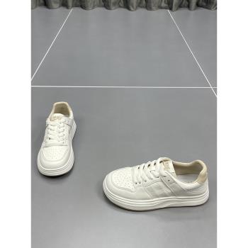 真皮小白鞋女2025春季新款圓頭系帶厚底防滑百搭牛皮運動休閑板鞋