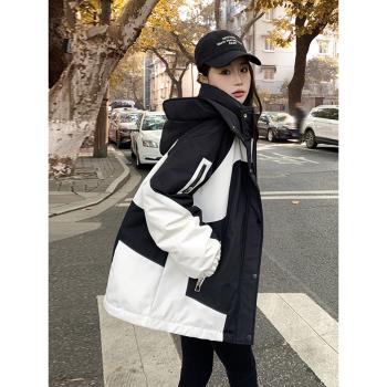 黑白撞色連帽工裝派克服羽絨服女2023冬季新款時尚加厚白鴨絨外套