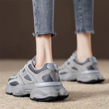 厚底灰色爆款老爹鞋女2025春秋新款真皮復古圓頭系帶休閑運動鞋子