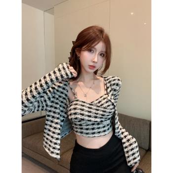 小香風純欲上衣格子吊帶背心抹胸