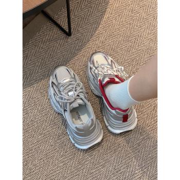 賈不假銀色透氣老爹鞋女款2025夏新款厚底女鞋百搭鞋子增高運動鞋
