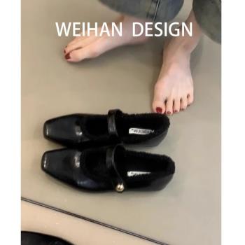 羊皮版！復古瑪麗珍鞋女方頭秋冬季加絨保暖毛毛棉鞋平底晚晚單鞋