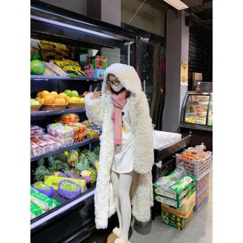 秋冬韓版長款女外套2024新款仿皮草連帽加厚保暖寬松羊羔毛絨大衣