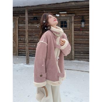 今年流行粉色皮毛一體羊羔毛外套女秋冬韓系機車服chic加絨上衣
