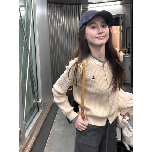 春秋冬季韓版氛圍感假兩件拼接設計針織開衫女小個子外搭短款上衣