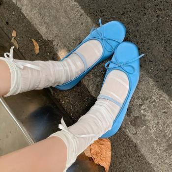 澤西自制藍色圓頭軟底芭蕾鞋女外穿法式一字帶平底淺口瑪麗珍單鞋