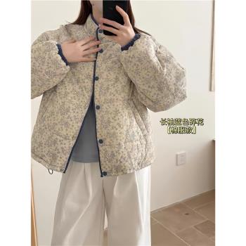 Wuli 24秋冬復古立領藍碎花燈芯絨寬松顯瘦棉服外套女保暖羽絨服