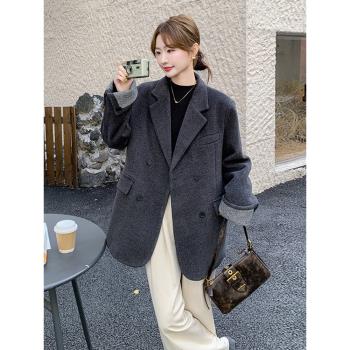 灰色西裝內膽羽絨服女2025新款冬季流行風格高階感韓系毛呢厚外套