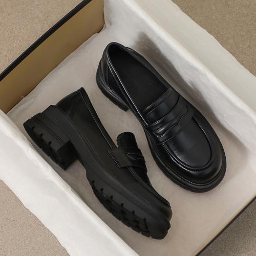 真皮厚底黑色小皮鞋女秋冬款樂福鞋一腳蹬懶人粗跟不累腳通勤女鞋