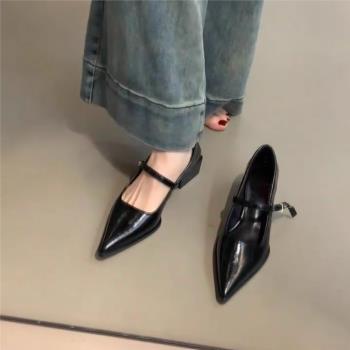 羊皮版~淺口軟底單鞋女夏季尖頭顯瘦瑪麗珍鞋粗跟黑色通勤小皮鞋